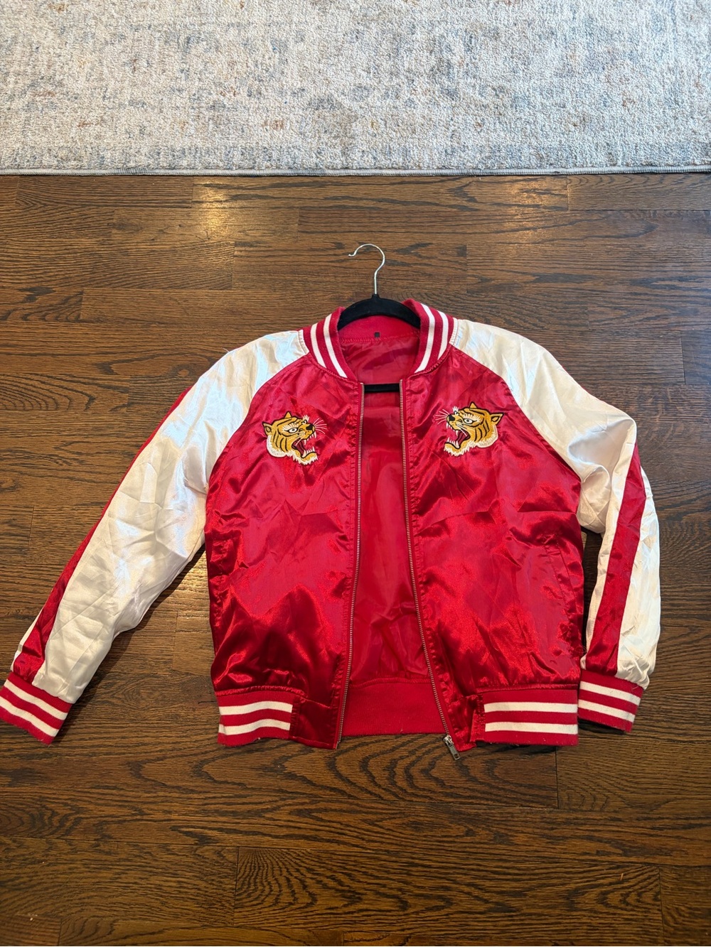 Red and White Satin Tiger Embroidered Bomber Jacket